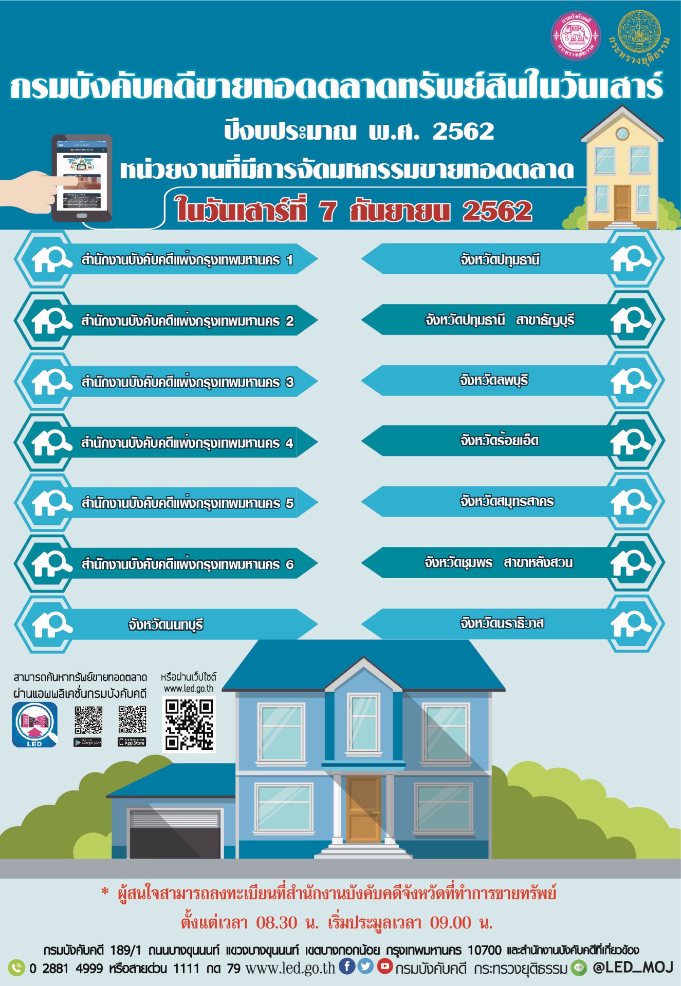 ﻿กรมบังคับคดีจัดการขายทอดตลาดทรัพย์สินทุกวันเสาร์ สำหรับเดือนกันยายน 2562